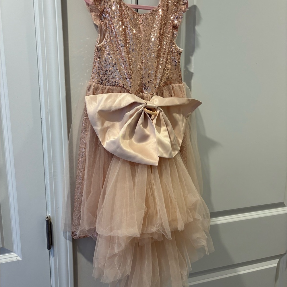 Girls Rose Gold Sequin & Tulle Party Dress with Bow